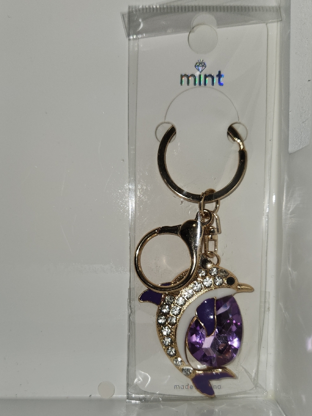 Mint Gold-Tone Purple Dolphin Crystal Key Ring